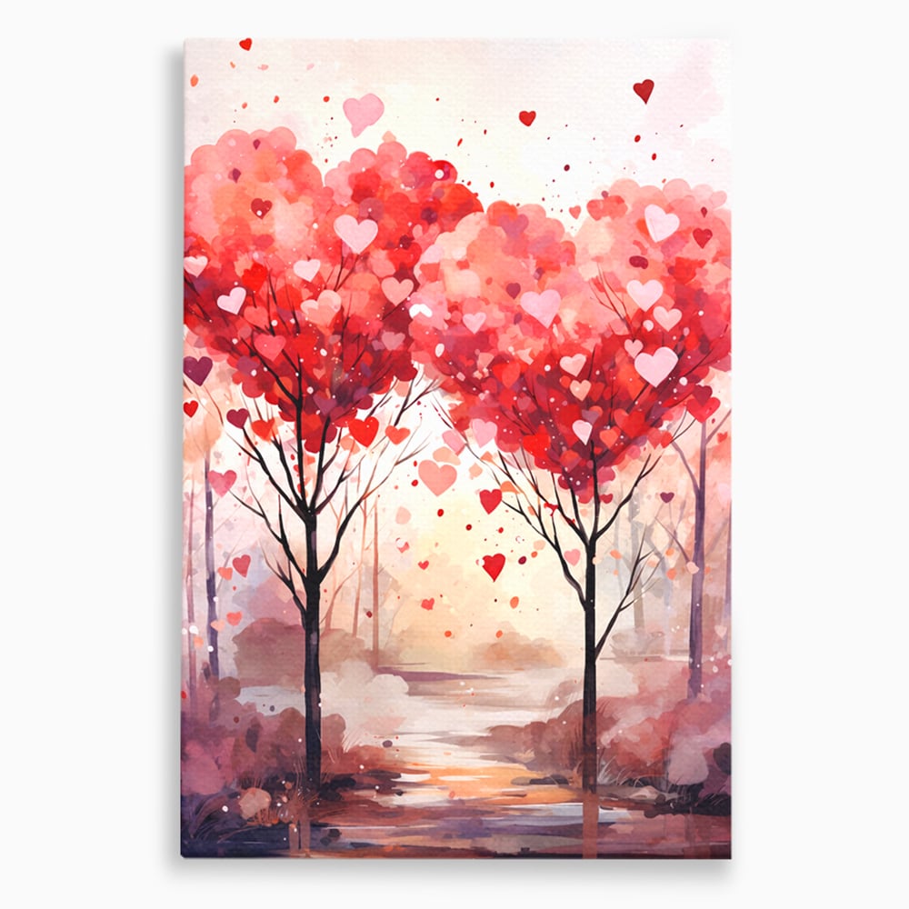 Tablou canvas cu tablou canvas cu doi copaci in forma de inimi, fara rama, pe sasiu de lemn